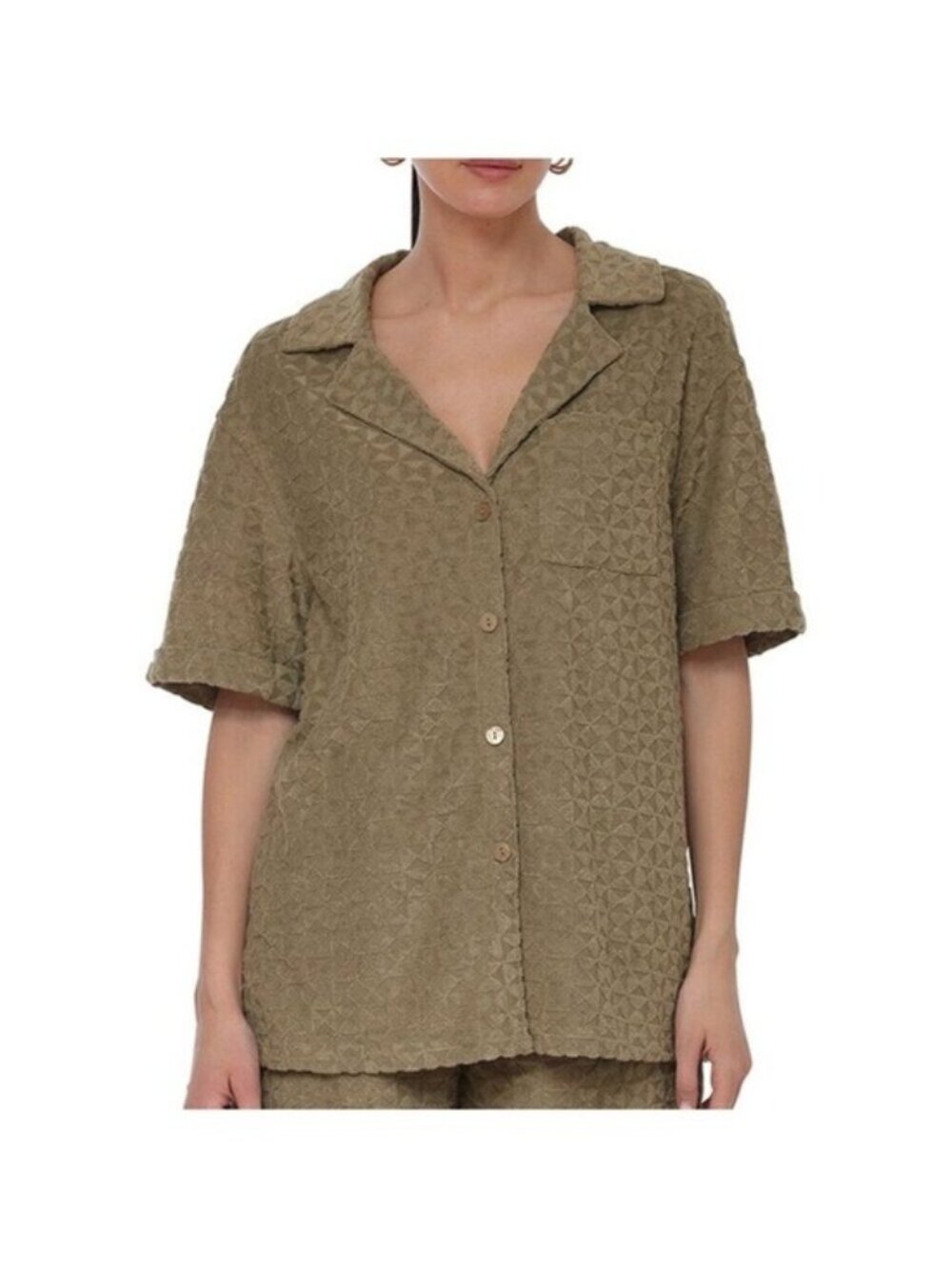 Avec Les Filles Textured Button Down Shirt S Triangle Terrycloth Olive Cover Up